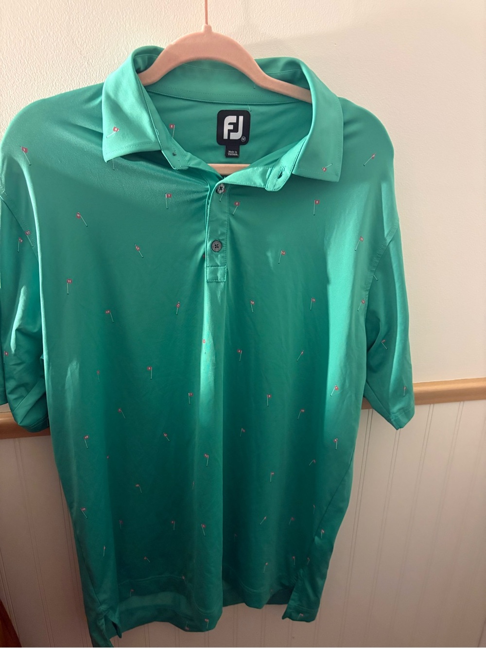 FootJoy FJ Men’s M Aqua Green Golf Flag Print Stretch Performance Polo